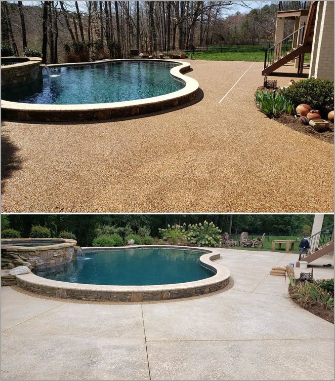 before and after pictures of a backyard with a swimming pool in the foreground, and on the right