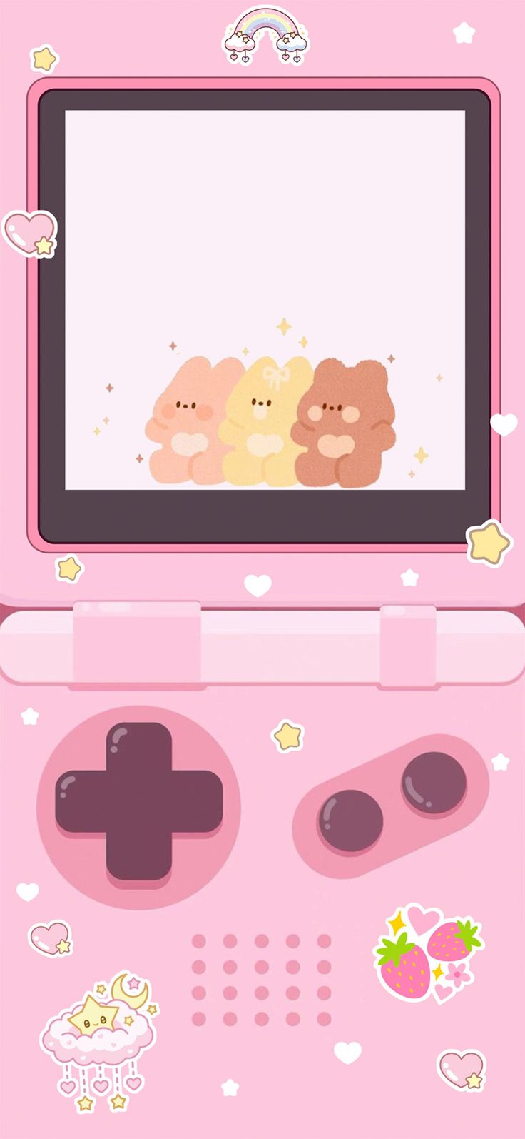 a pink video game console with three teddy bears on it's screen and hearts