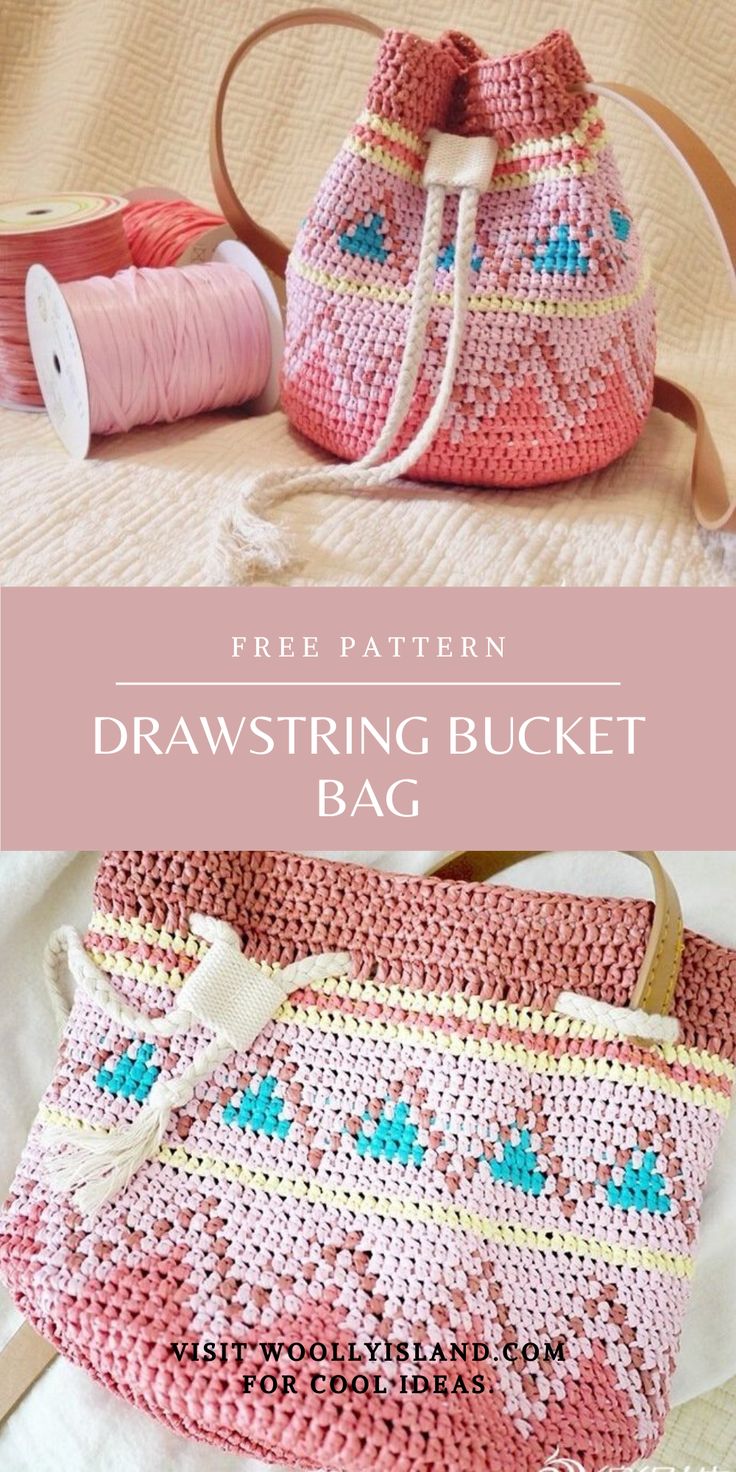 two crocheted bags with text overlay that says free pattern drawstring bucket bag