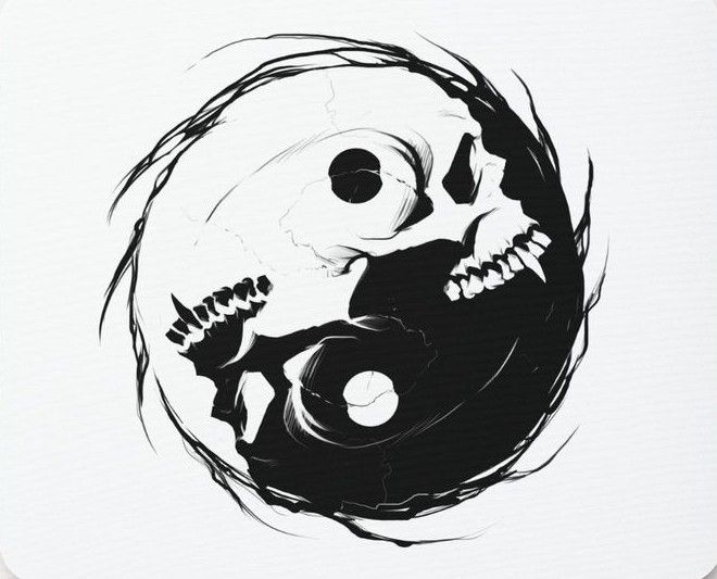 a black and white drawing of two skulls in a yin - yang style design on a white background