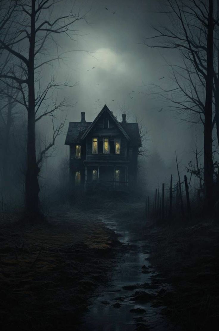 a creepy house in the middle of a forest at night with fog and light coming from its windows