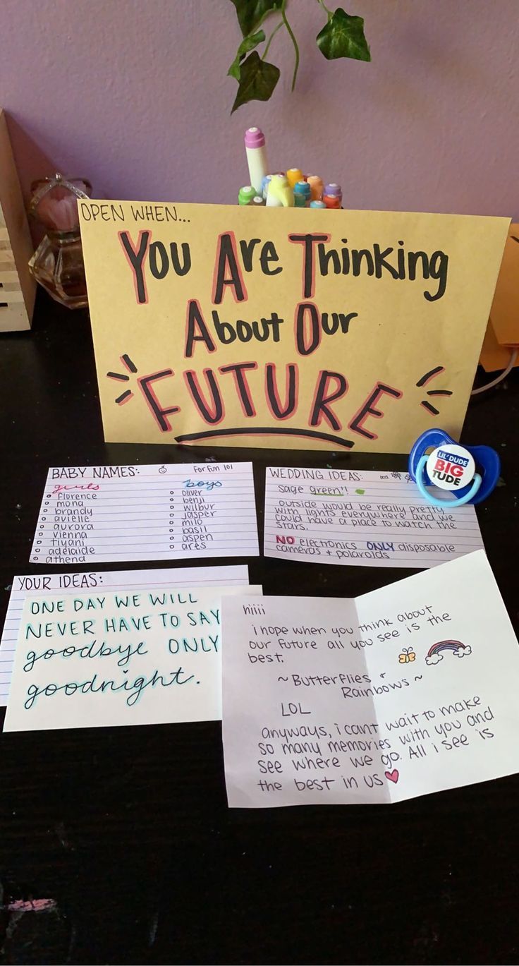 a table topped with lots of papers and post - it notes next to a sign that says you are thinking about our future