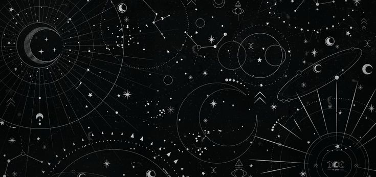 an abstract black and white background with stars, circles, and moon shapes in the night sky