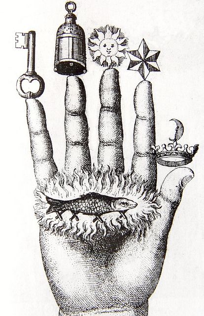 a drawing of a hand with various objects on it