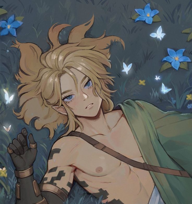 an anime character with blonde hair and blue eyes is standing in the grass surrounded by butterflies