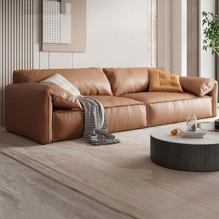 a living room with a couch, coffee table and potted plant on the floor