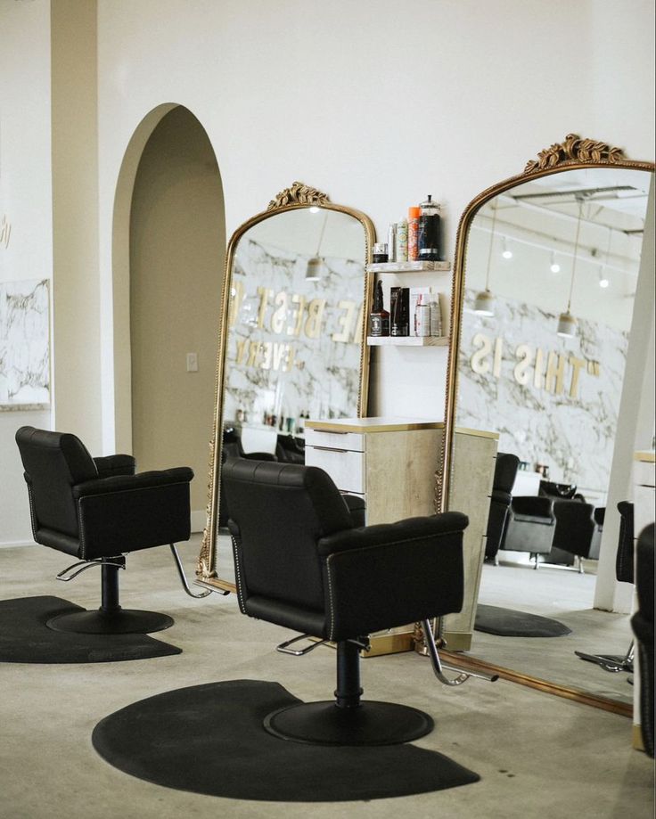 AltaR’d Salon | #myminerva Black Salon Chairs Interior Design, Gold Mirror Salon Station, Black Salon Chairs, Small Hairdressing Salon Interior Design, Full Length Mirror Salon Station, Two Chair Salon Suite, Salon Suite Decor Black And Gold, Salon Suite Grand Opening Ideas, Black Hair Salon Decor