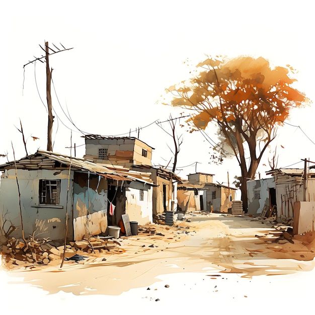 a watercolor painting of a street with houses and trees in the foreground, on a white background