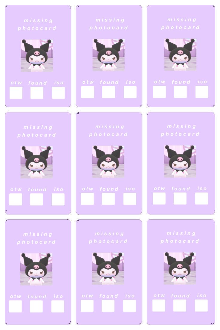 kuromi kpop photocard placeholder Photocard Placeholder Template, Toploader Fillers Printable, Missing Photocard Template, Kuromi Photocard, Missing Photocard Filler, Free Printable Paper Dolls, Binder Covers Printable, Mail Stickers, Business Printables