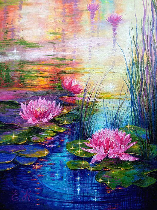 a painting of pink water lilies in a pond