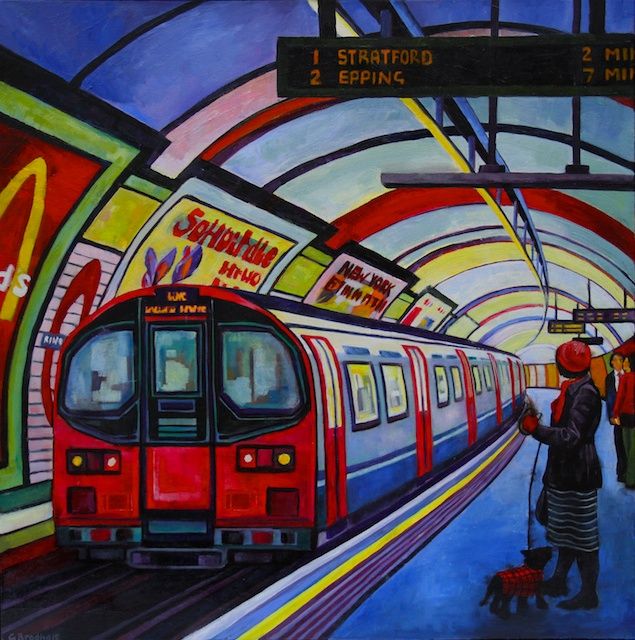 a painting of a subway station with people waiting for the train to stop at it