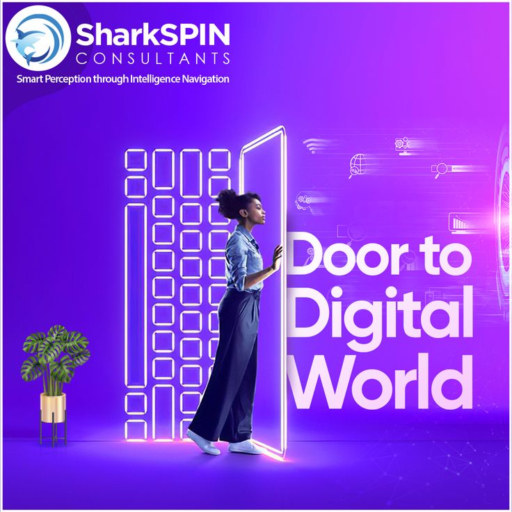 a woman standing in front of a door to a digital world