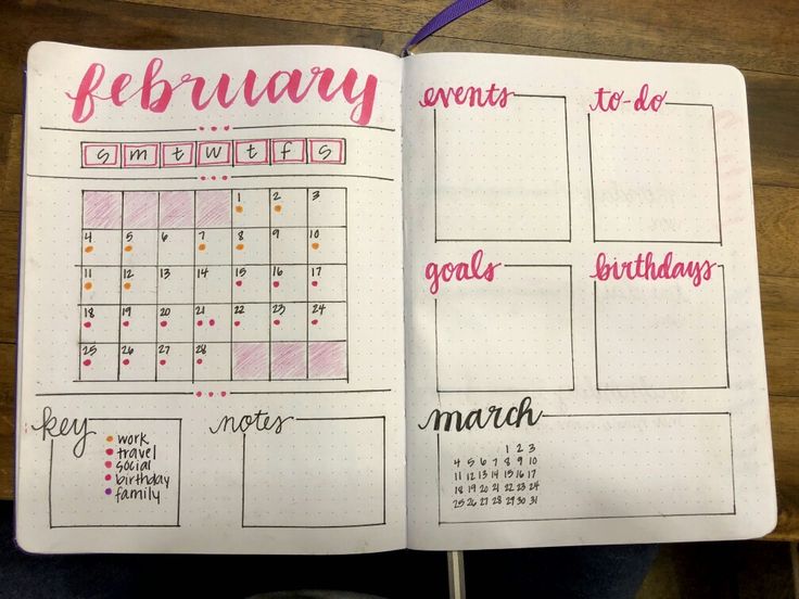 an open planner with pink ink on it and the date in each month is shown