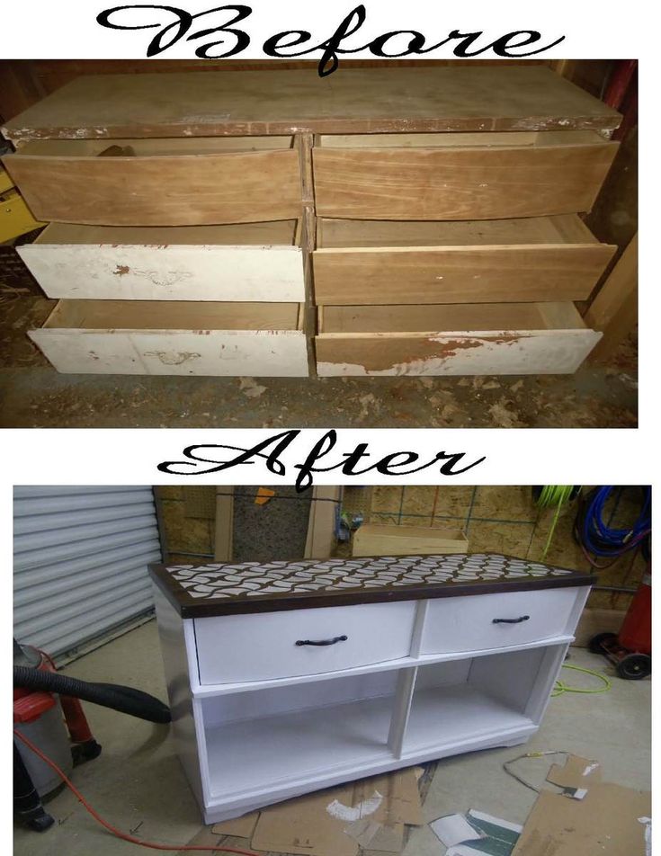 before and after photos of an old dresser makeover with white paint, brown stain and wood