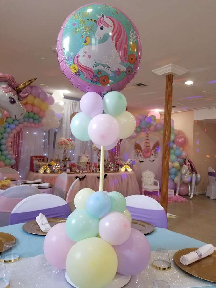 a table with balloons, plates and other items in the room at a birthday party