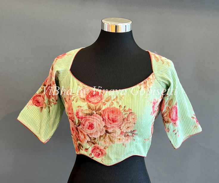 Blouses - Green Floral Blouse Blouse Neck Patterns, Neck Patterns, Vibrant Fashion, Green Floral Blouse, Short Sleeve Design, Blouse Neck, Green Floral Dress, Blouse Material, Fancy Sarees