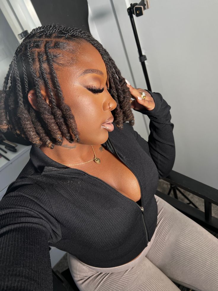 #locstyles #locbob #bob #locstylesforwomen #locjourney #locs #locsandmelanin #naturalhair Knot Loc Bob, Two Strand Bob Locs, Extended Loc Bob, Short Loc Knot Bob, Asymmetrical Loc Knot Bob, Bob With Locs, Loc Bob With Bangs, Locs In A Bob Style, Asymmetrical Loc Bob