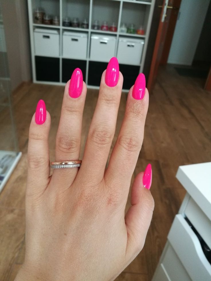 Neon pink nails, almond shape Bright Pink Almond Shaped Nails, Hot Pink Acrylic Almond Nails, Neon Pink Nails Almond Shape, Bright Pink Acrylic Nails Almond, Bright Hot Pink Nails, Hot Pink Almond Shaped Nails, Bright Nails Almond Shape, Almond Bright Pink Nails, Hot Pink Nails Round