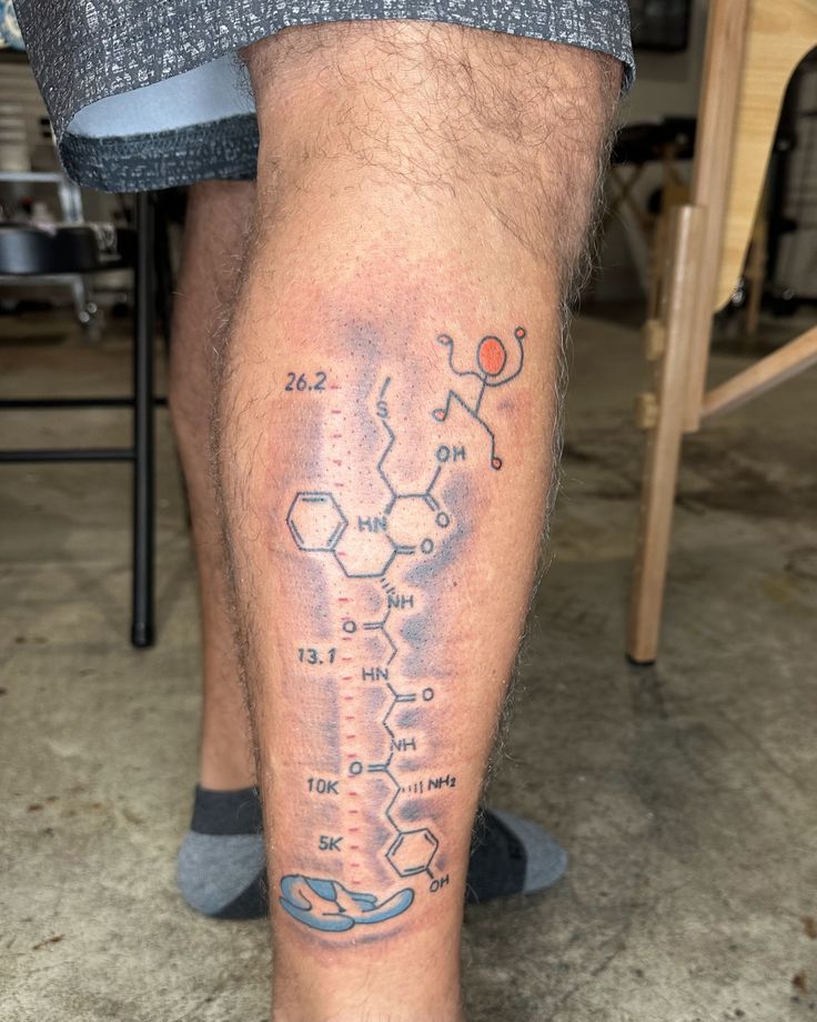 a man with a tattoo on his leg that shows the structure of a substance and numbers