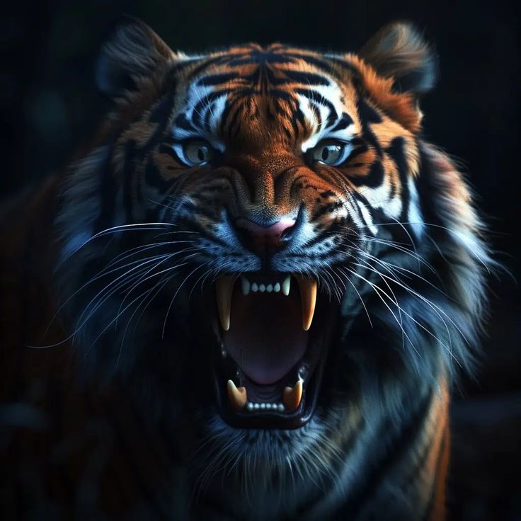 a tiger with its mouth open and it's teeth wide open, showing fangs