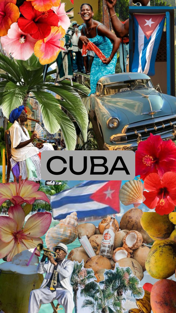 cuba collage with flowers and people in the background