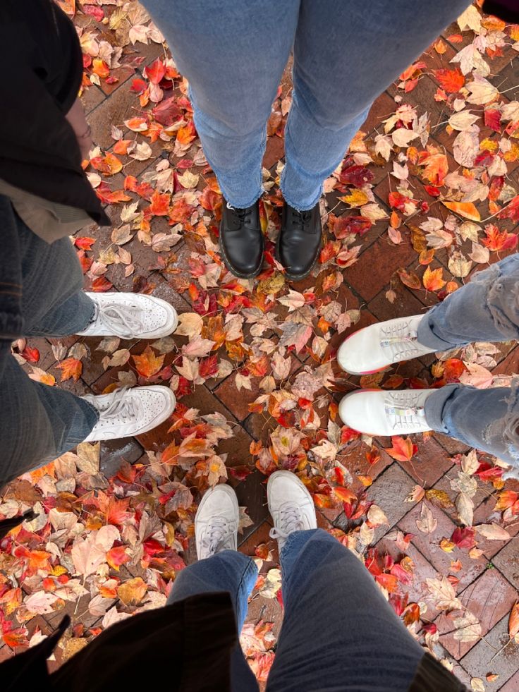 four people standing in a circle with their feet on the ground and leaves all around them