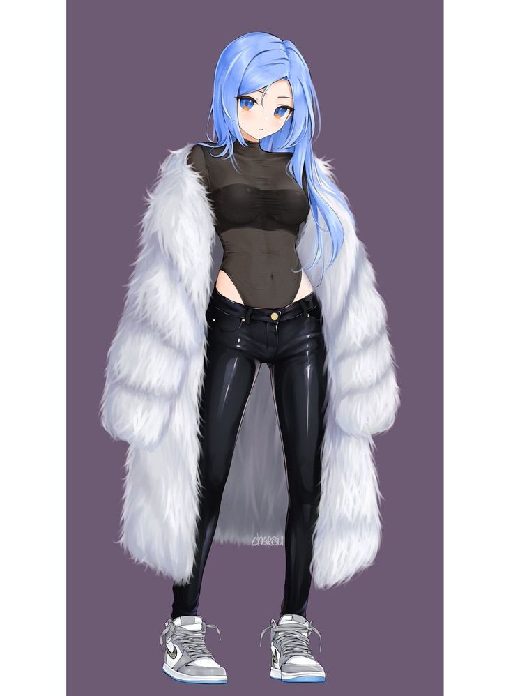 an anime character with blue hair wearing black pants and white fur coat, standing in front of