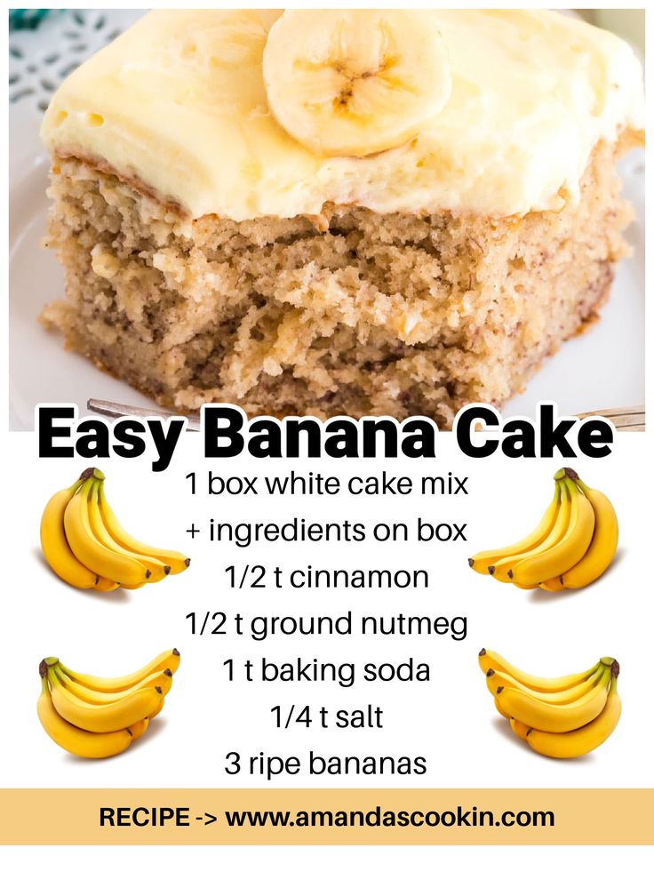 a banana cake with white icing and bananas on top is featured in this ad