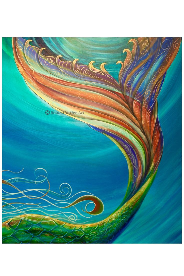 a painting of a mermaid tail with waves and swirls on the bottom, against a blue background