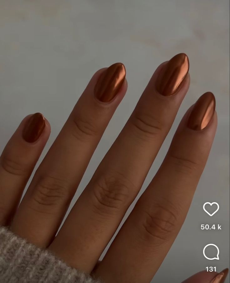 Autumnal Chrome Nails, Gold Bronze Nails, Chrome Burnt Orange Nails, Chrome Nails Bronze, Nails To Match Burnt Orange Dress, Rust Brown Nails, Bronze Acrylic Nails, Rust Chrome Nails, Bronze Nails Acrylic