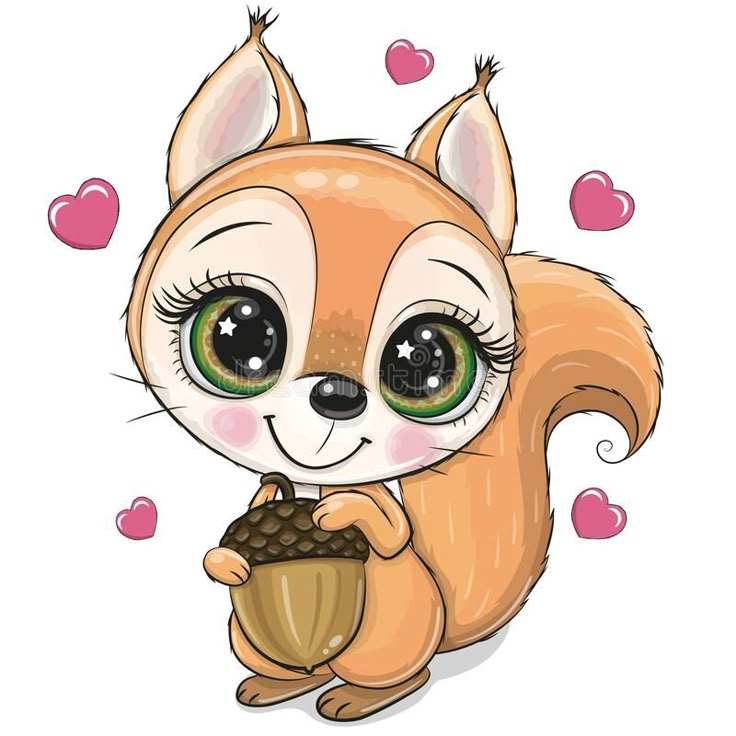 a cute little squirrel with big eyes holding a acorn in its paws, surrounded by hearts