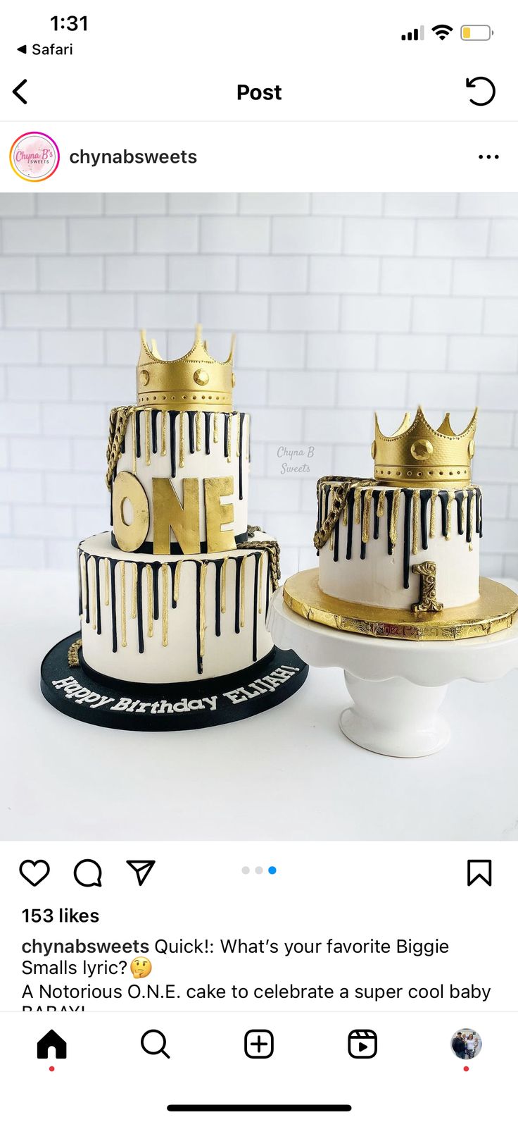 two tiered cake with black and white stripes on top, one has gold crown decorations