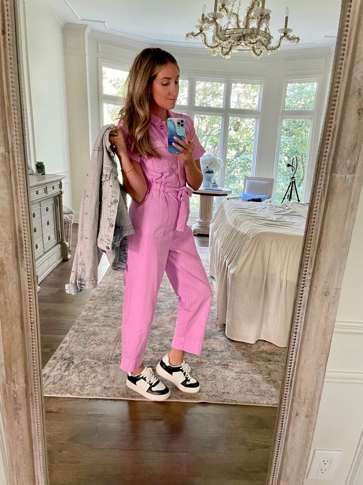 OOTD in this sweet pink jumpsuit. I liked it so much, that I also bought it in the cream color. I’ve forever been a denim on denim girl, but I’m so excited this trend is on the uprise! I’ll be wearing this often as we transition into fall. #jumpsuit #jacket #ootdfashion #outfitoftheday #fitcheck #outfitideas #outfitinspiration #outfitinspo #inspofashion #fashioninsta #styleinspo #dailylook #dailyoutfit #ootdshare #whatiwore Follow my shop @LoveLanieBlog on the @shop.LTK app to shop this post Pink Denim Jumpsuit, Fall Jumpsuit, Gold Stretch Bracelet, Simple Fall Outfits, Denim On Denim, Pink Denim, Pink Jumpsuit, Jumpsuit Jacket, Easy Fall