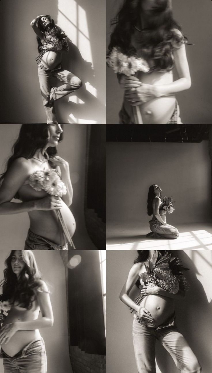 black and white photos of a woman in various poses with flowers on her belly, holding a baby bump