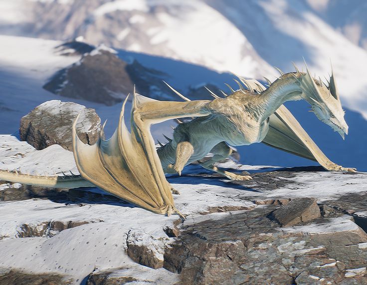 a large dragon sitting on top of a rocky cliff next to a bear in the snow