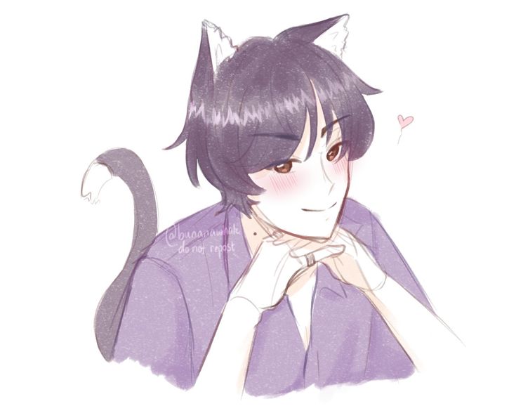 an anime character with black hair wearing a purple shirt and cat ears on his head