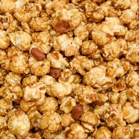 close up view of caramel popcorn kernels