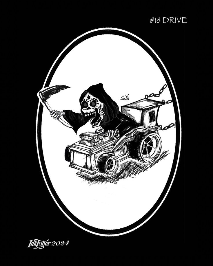 a black and white drawing of a skeleton driving a car