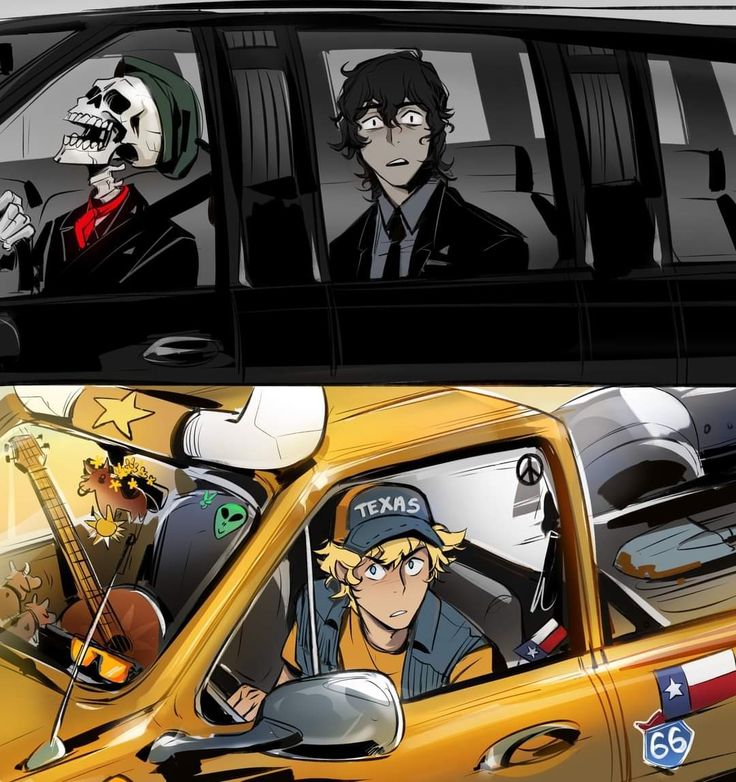 an image of two cartoon characters in the back of a taxi with skeletons on it