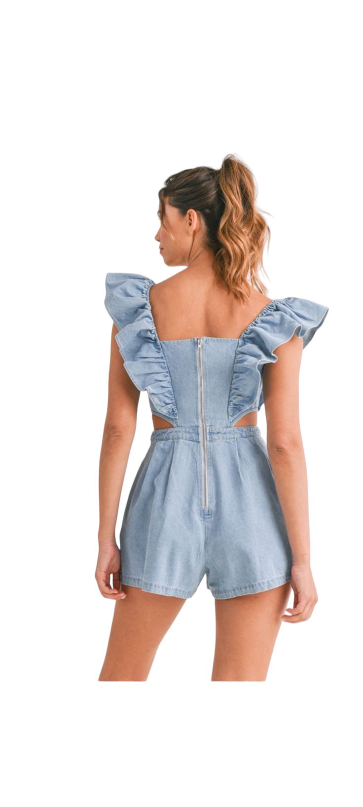 Cotton mix denim ruffle detail sleeveless romper with back exposed zipper detail and side cut out. Trendy Ruffled Jumpsuits And Rompers For Day Out, Chic Summer Jumpsuits And Rompers With Back Zipper, Casual Ruffled Jumpsuits And Rompers, Spring Ruffled Overall Jumpsuits And Rompers, Summer Denim Jumpsuit With Ruffles, Spring Ruffle Overalls, Spring Ruffled Overalls, Casual Ruffled Overalls For Summer, Trendy Sleeveless Denim Jumpsuit For Day Out