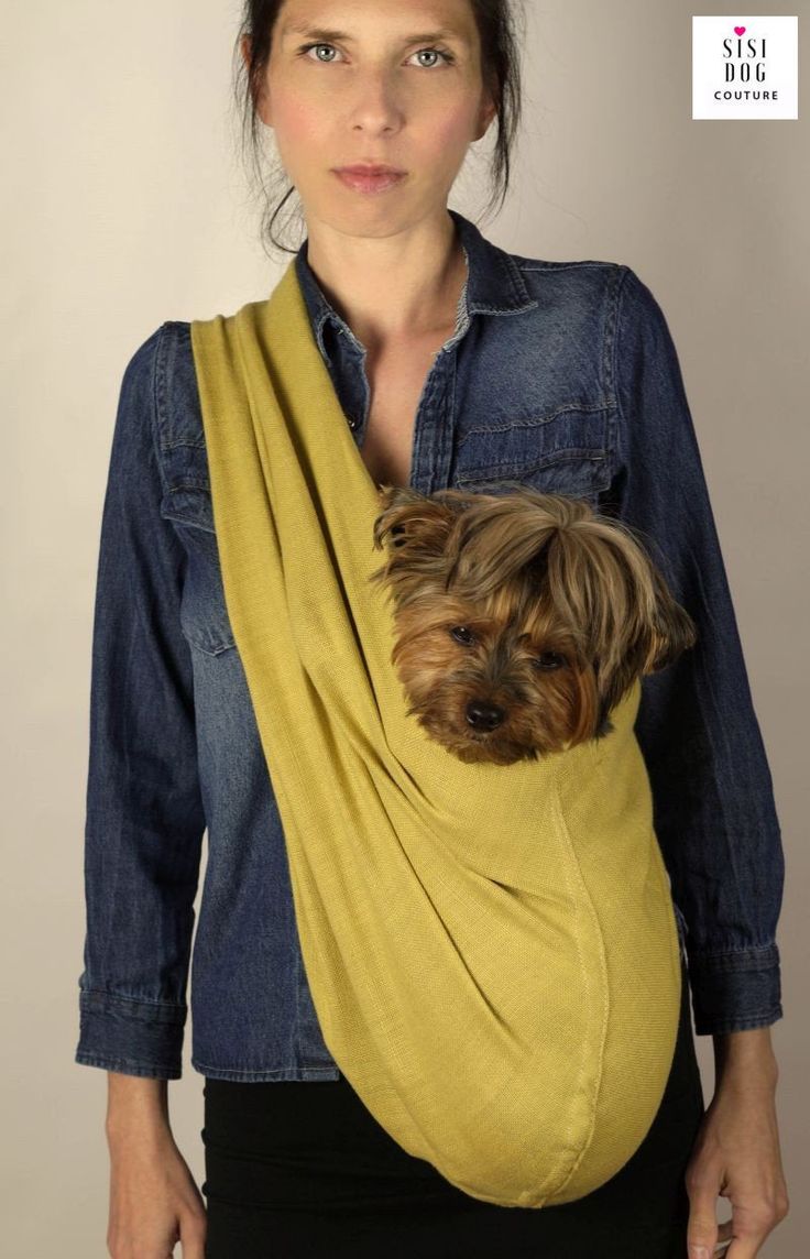 a woman holding a small dog wrapped in a yellow wrap on her back and wearing a denim shirt