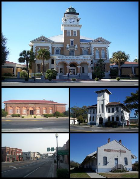 several different pictures of buildings and streets in front of each other, including a clock tower