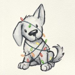 a drawing of a dog with christmas lights on it's collar, sitting in front of a white background