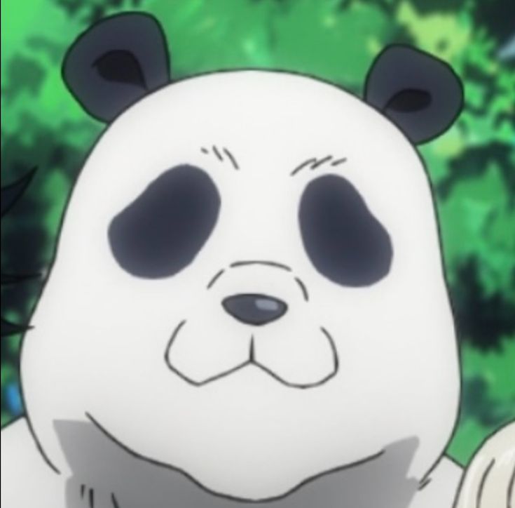 a white panda bear with black eyes standing in front of trees