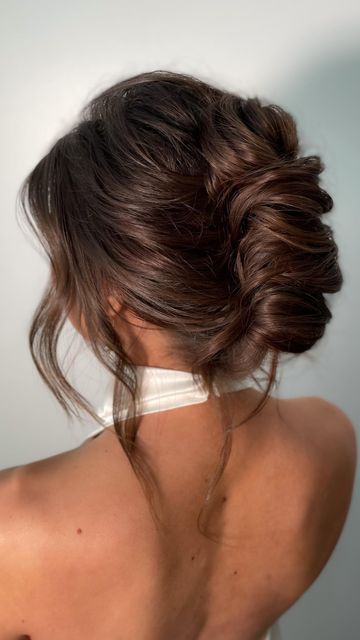 Bridal Hair Updo French Twist, Soft Bridal Hair Updo, Wedding Updos For Medium Hair Brown, High Neck Wedding Hairstyles, Open Back Bridesmaid Dress Hairstyles, Bridesmaid Hair Updo High Neck Dress, Bridal Hair With High Neckline Dress, French Twist Updo Brown Hair, Up Do For High Neck Dress