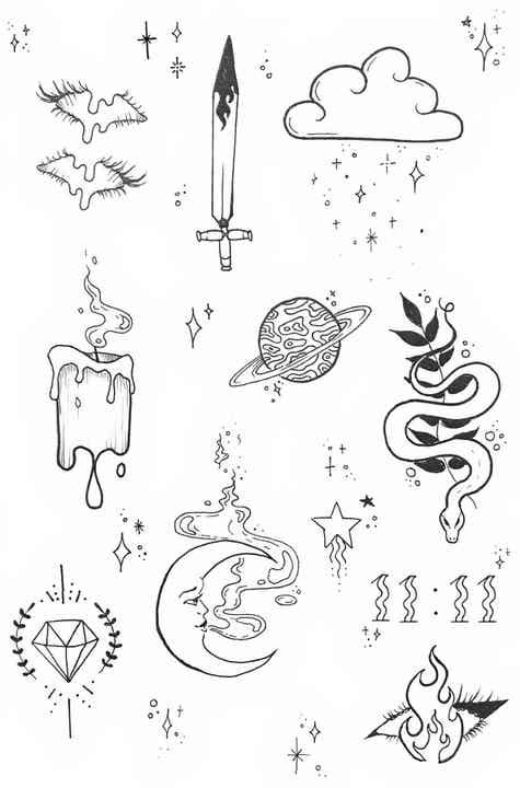 an ink drawing with different designs and symbols on the back of it, as well as some