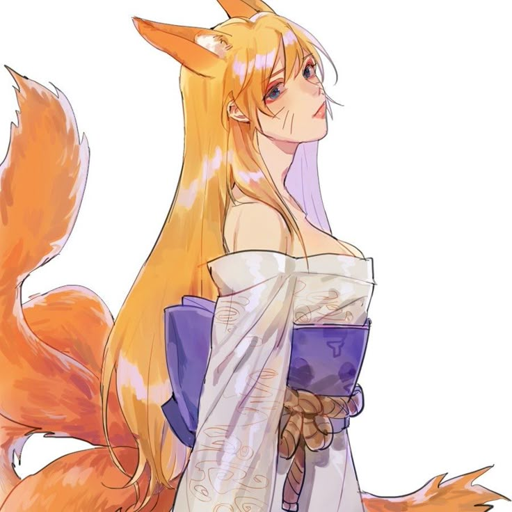 an anime character with long blonde hair wearing a blue dress and holding a fox tail