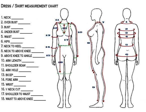 the body measurements chart for mannequins is shown in red and blue, with instructions