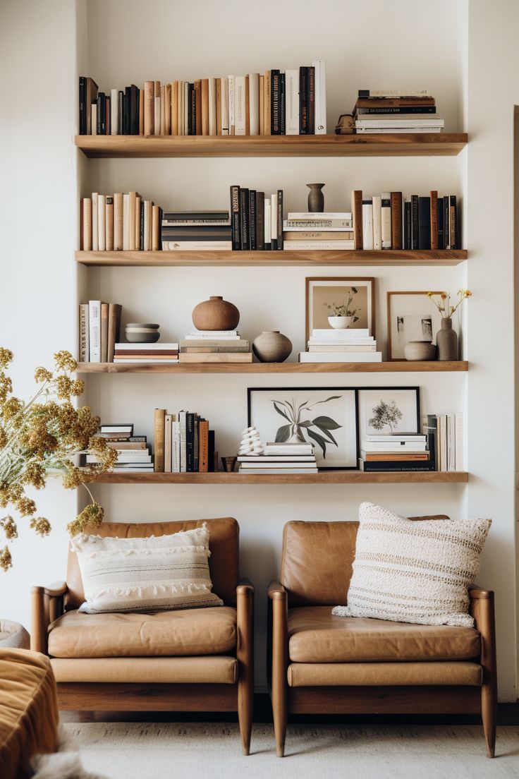 two leather chairs sitting in front of bookshelves