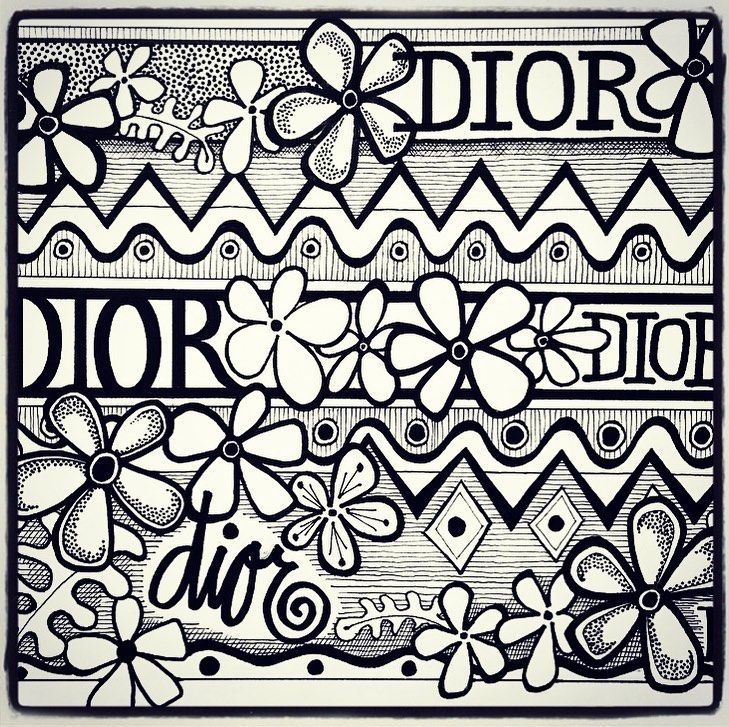 a black and white drawing of flowers on a striped background with the words dior